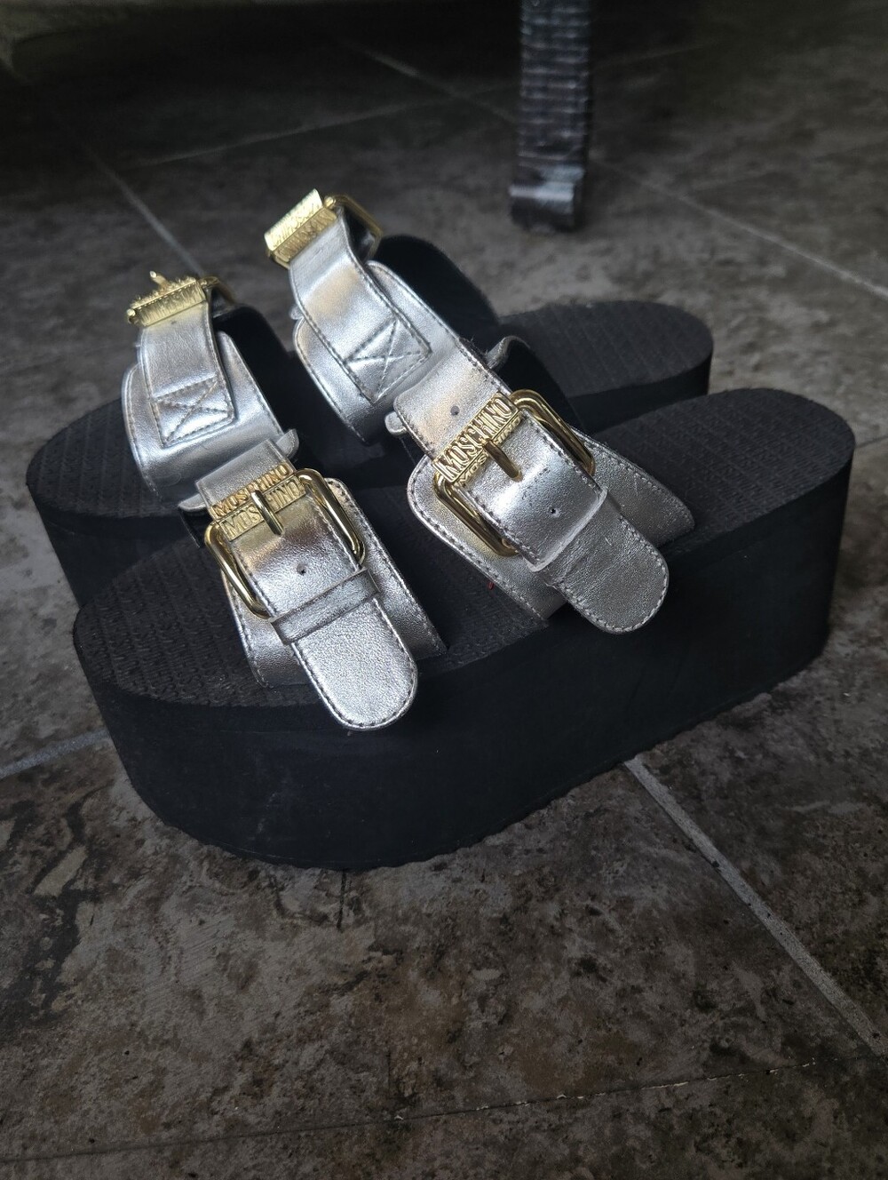 Moschino Super Platform Buckle Sandals Silver Black Size 6